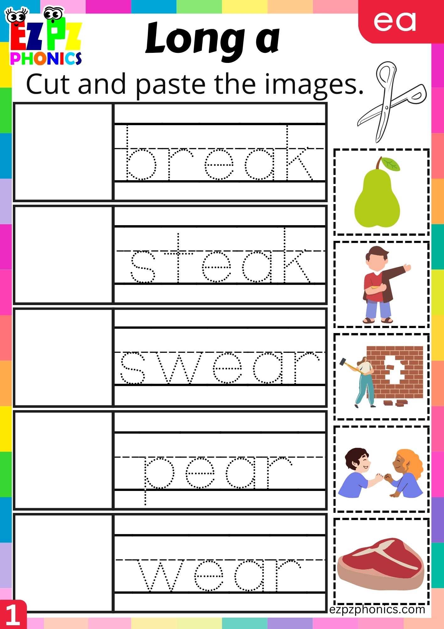 EA Words Cut And Paste The Images Long A Phonics Worksheet